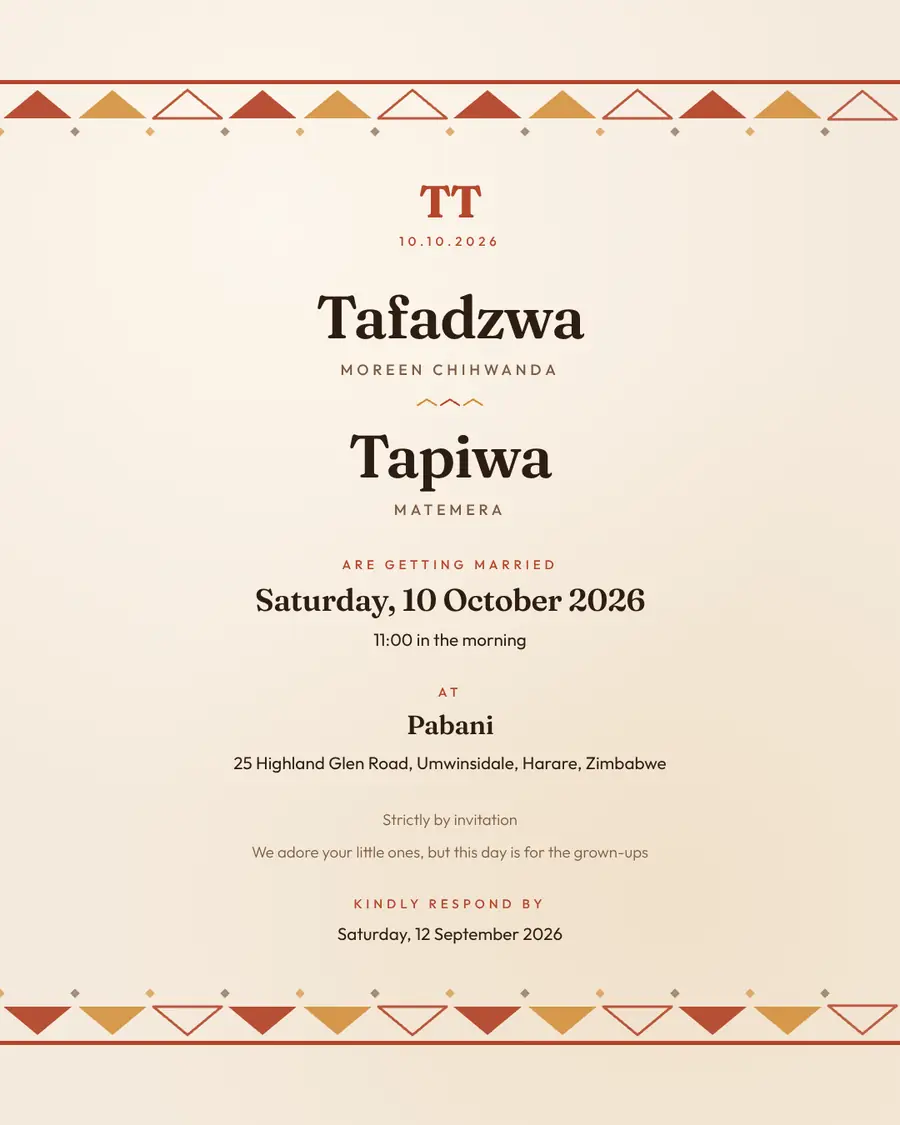 Wedding invitation for Tafadzwa Moreen Chihwanda and Tapiwa Matemera, Saturday, 10 October 2026 at Pabani
