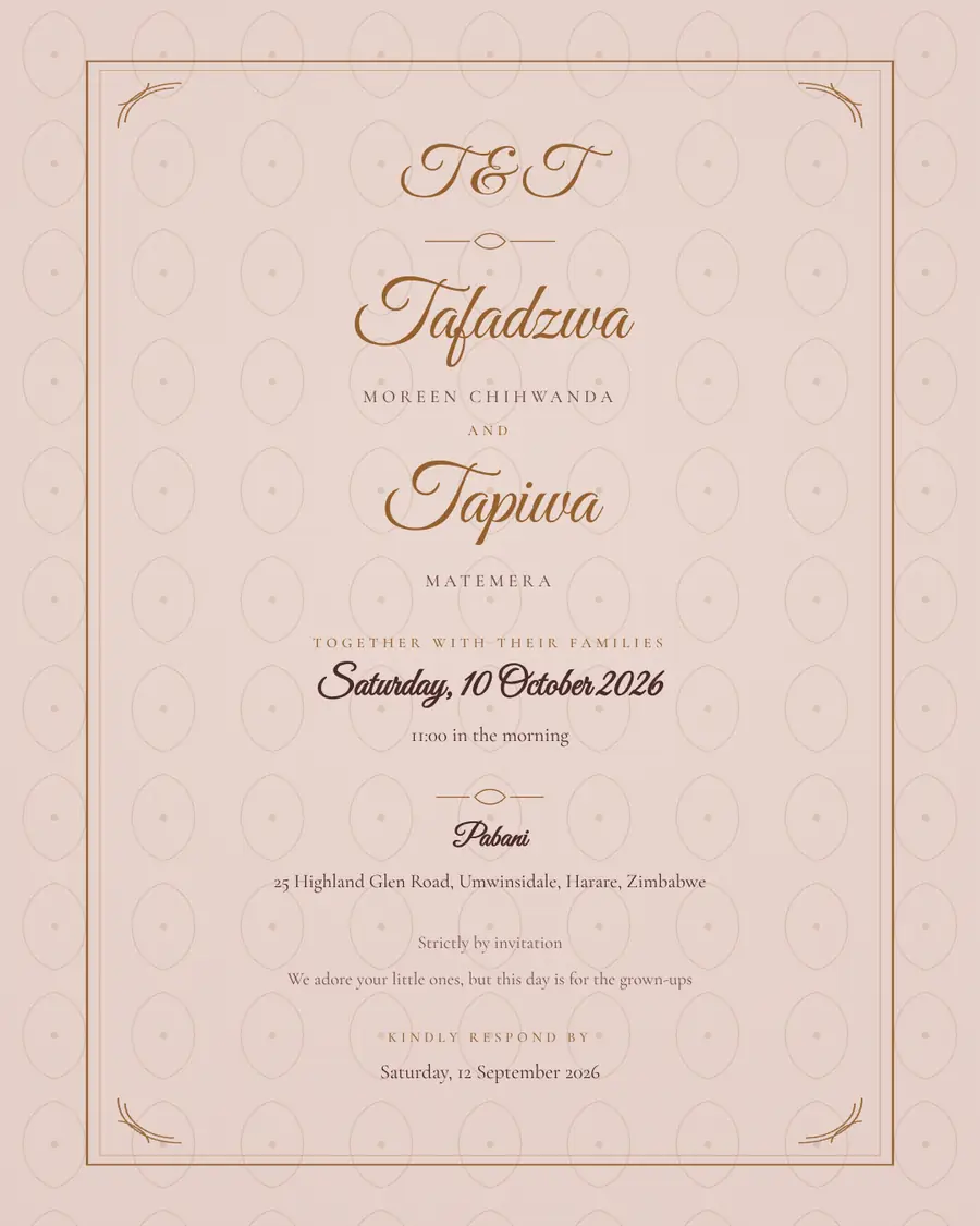Wedding invitation for Tafadzwa Moreen Chihwanda and Tapiwa Matemera, Saturday, 10 October 2026 at Pabani