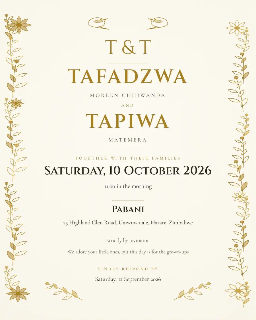 Wedding invitation for Tafadzwa Moreen Chihwanda and Tapiwa Matemera, Saturday, 10 October 2026 at Pabani