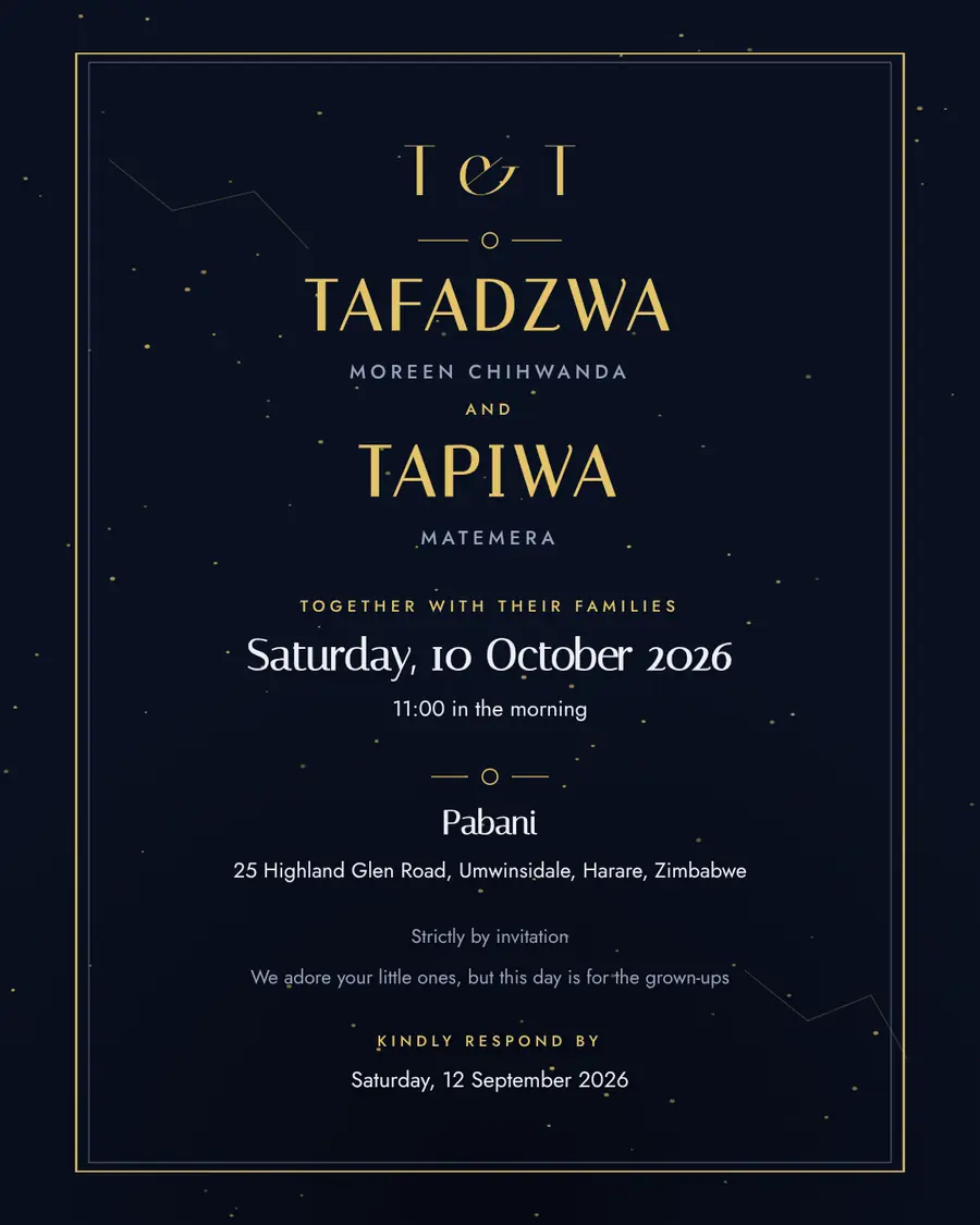 Wedding invitation for Tafadzwa Moreen Chihwanda and Tapiwa Matemera, Saturday, 10 October 2026 at Pabani