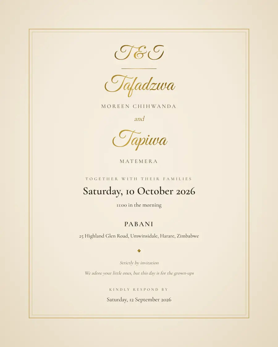 Wedding invitation for Tafadzwa Moreen Chihwanda and Tapiwa Matemera, Saturday, 10 October 2026 at Pabani