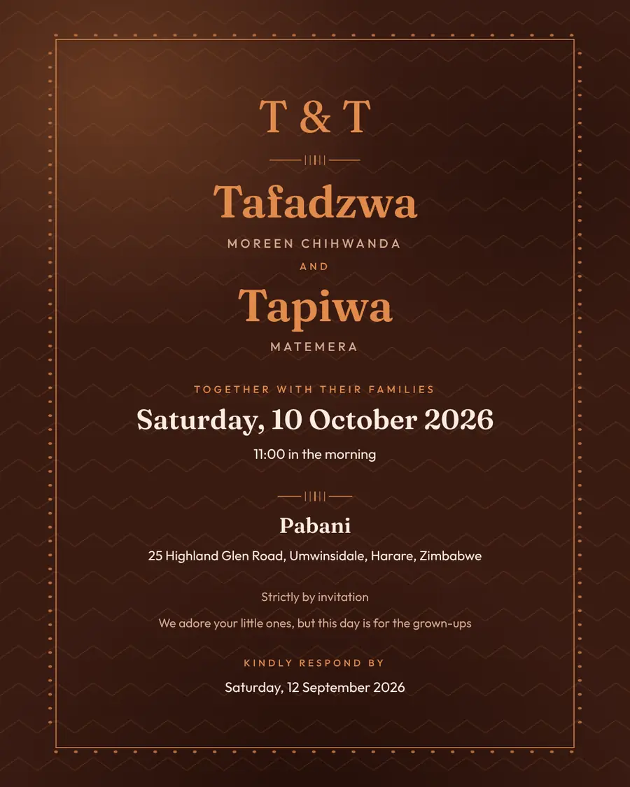 Wedding invitation for Tafadzwa Moreen Chihwanda and Tapiwa Matemera, Saturday, 10 October 2026 at Pabani