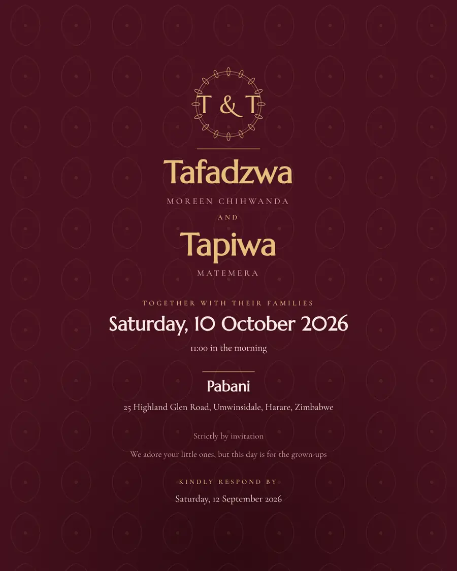 Wedding invitation for Tafadzwa Moreen Chihwanda and Tapiwa Matemera, Saturday, 10 October 2026 at Pabani