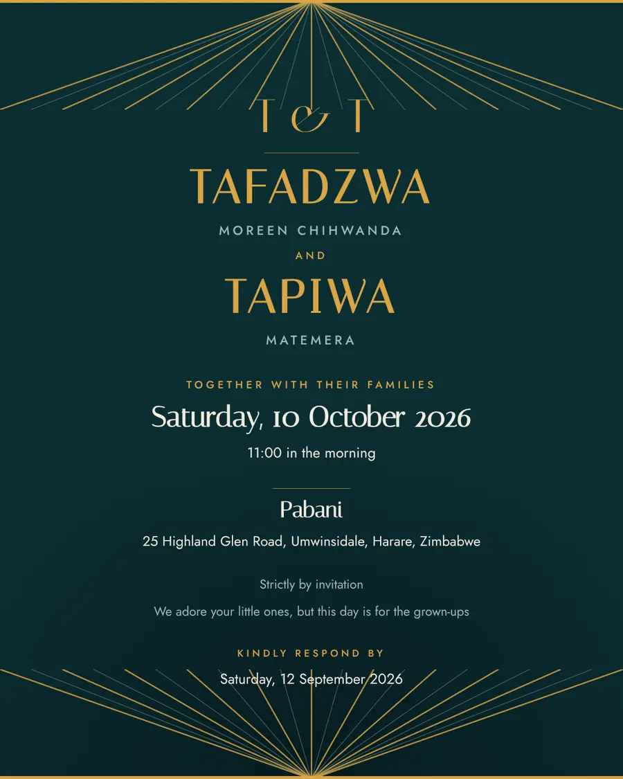Wedding invitation for Tafadzwa Moreen Chihwanda and Tapiwa Matemera, Saturday, 10 October 2026 at Pabani