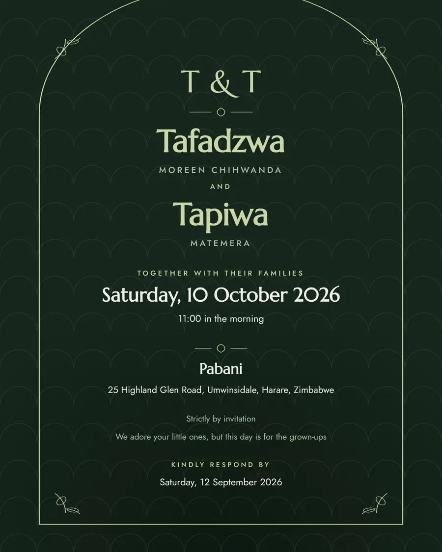 Wedding invitation for Tafadzwa Moreen Chihwanda and Tapiwa Matemera, Saturday, 10 October 2026 at Pabani