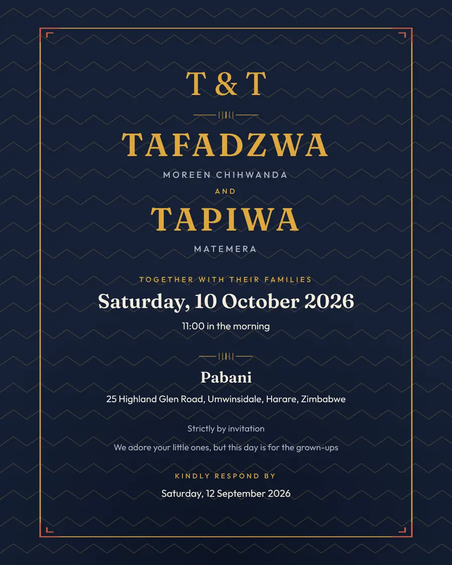 Wedding invitation for Tafadzwa Moreen Chihwanda and Tapiwa Matemera, Saturday, 10 October 2026 at Pabani