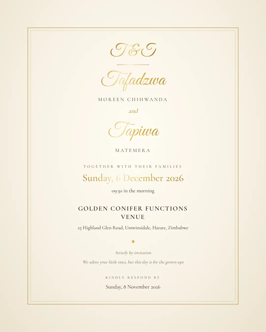 Wedding invitation for Tafadzwa Moreen Chihwanda and Tapiwa Matemera, Sunday, 6 December 2026 at Golden Conifer Functions Venue