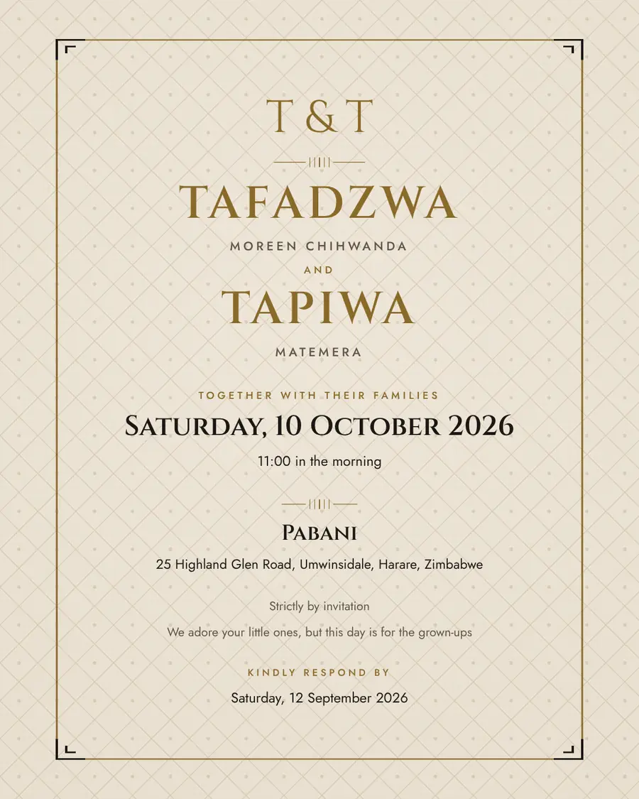 Wedding invitation for Tafadzwa Moreen Chihwanda and Tapiwa Matemera, Saturday, 10 October 2026 at Pabani