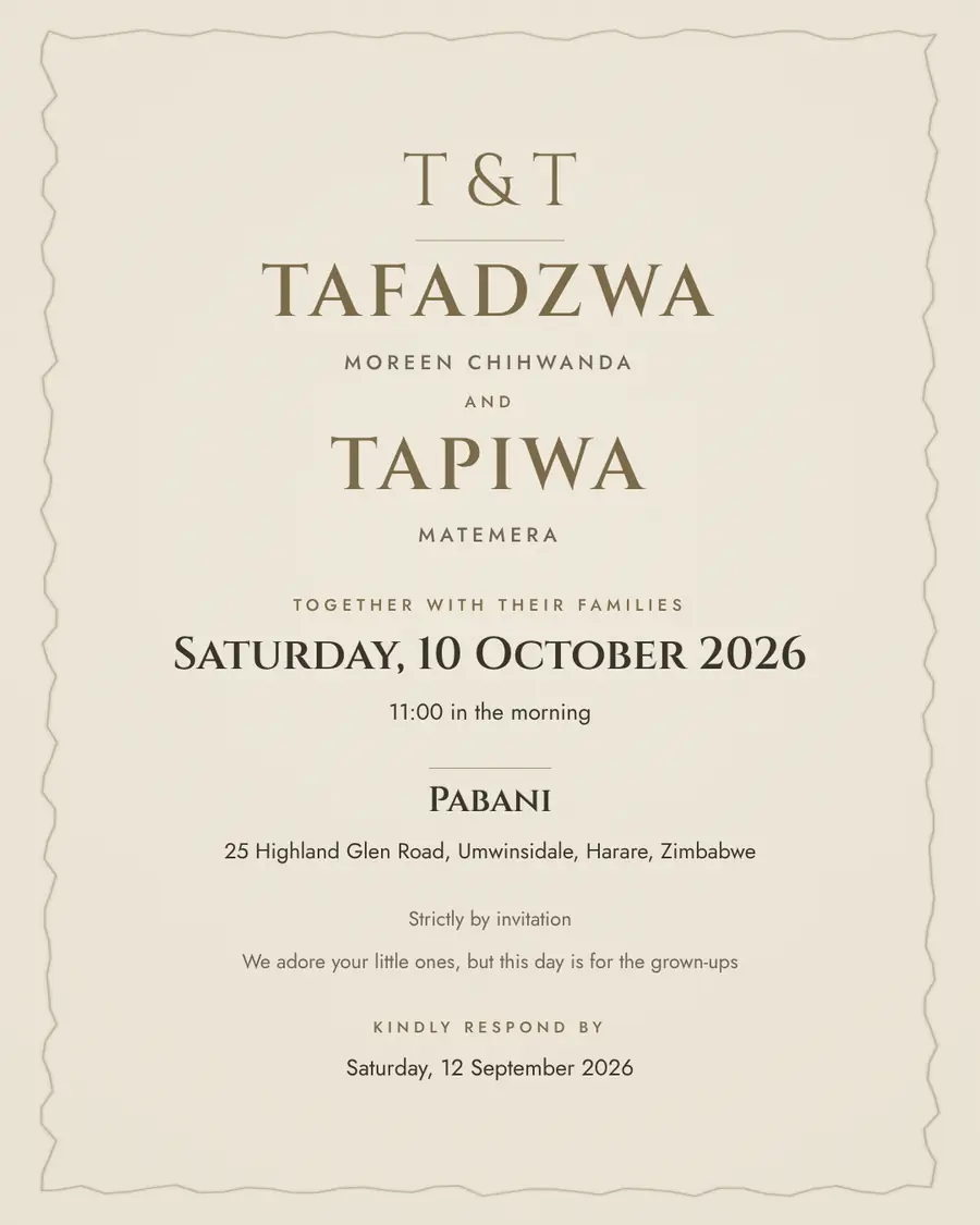 Wedding invitation for Tafadzwa Moreen Chihwanda and Tapiwa Matemera, Saturday, 10 October 2026 at Pabani