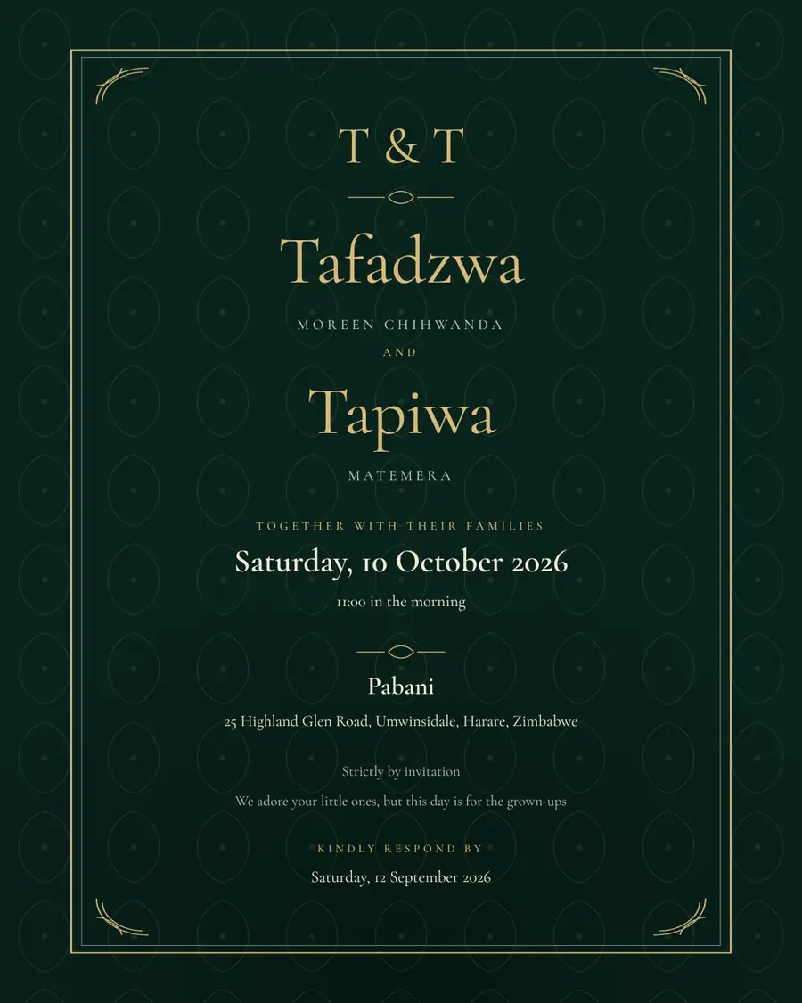 Wedding invitation for Tafadzwa Moreen Chihwanda and Tapiwa Matemera, Saturday, 10 October 2026 at Pabani