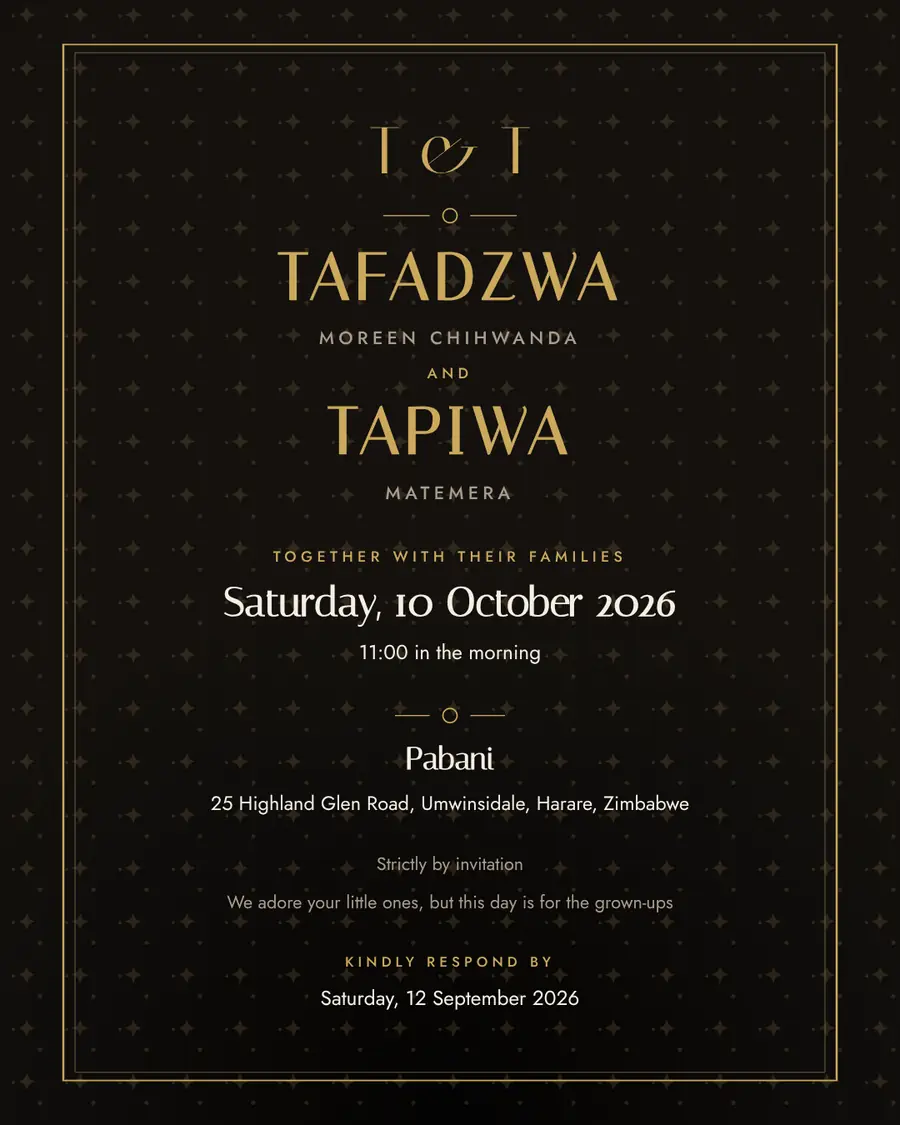 Wedding invitation for Tafadzwa Moreen Chihwanda and Tapiwa Matemera, Saturday, 10 October 2026 at Pabani
