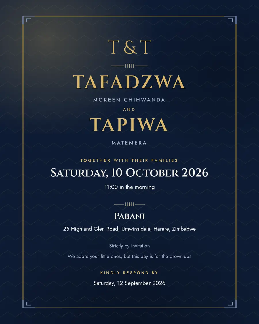 Wedding invitation for Tafadzwa Moreen Chihwanda and Tapiwa Matemera, Saturday, 10 October 2026 at Pabani