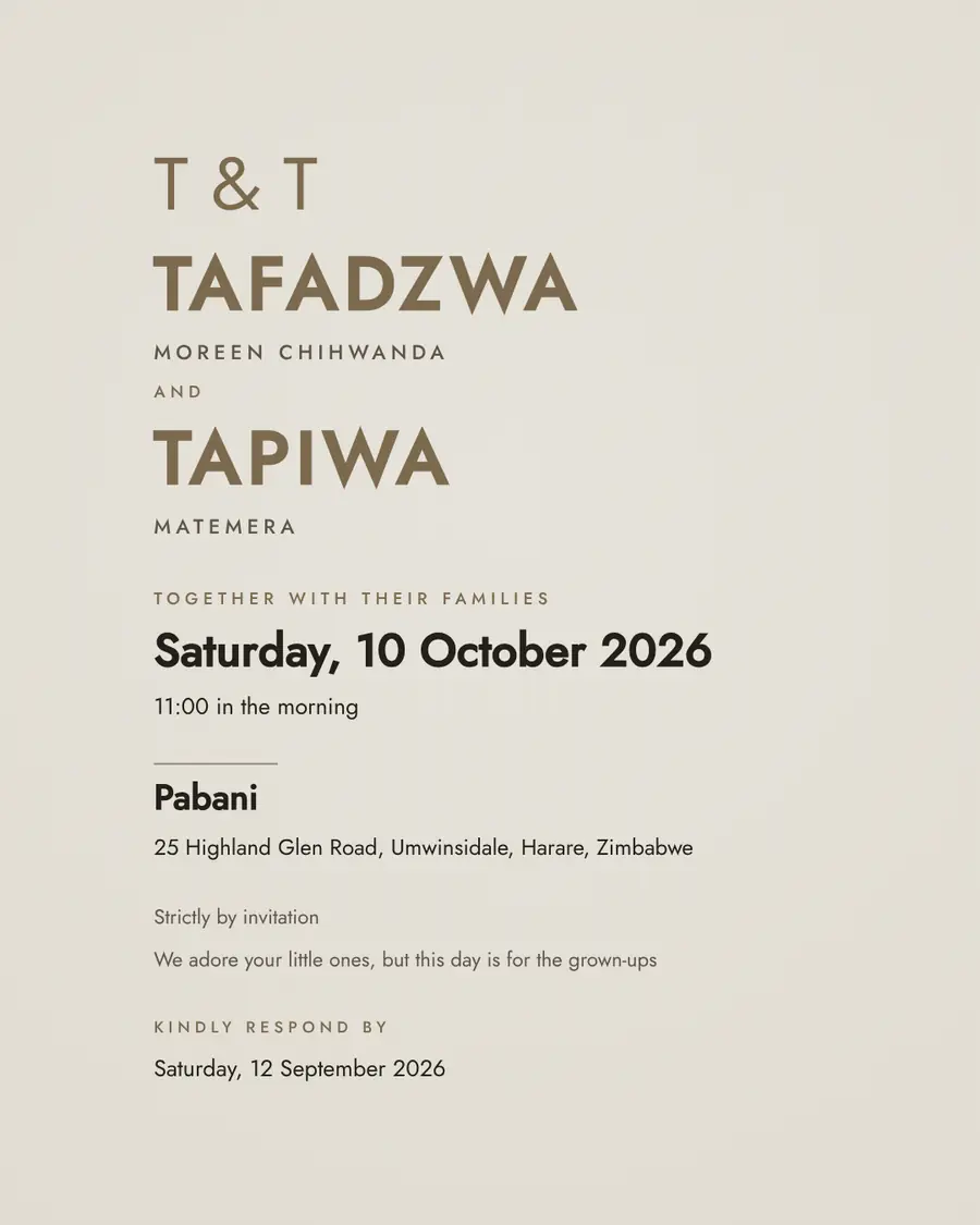 Wedding invitation for Tafadzwa Moreen Chihwanda and Tapiwa Matemera, Saturday, 10 October 2026 at Pabani