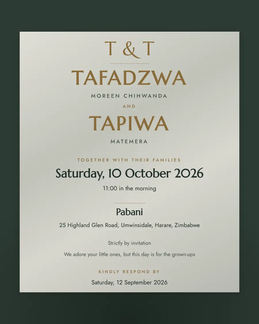Wedding invitation for Tafadzwa Moreen Chihwanda and Tapiwa Matemera, Saturday, 10 October 2026 at Pabani