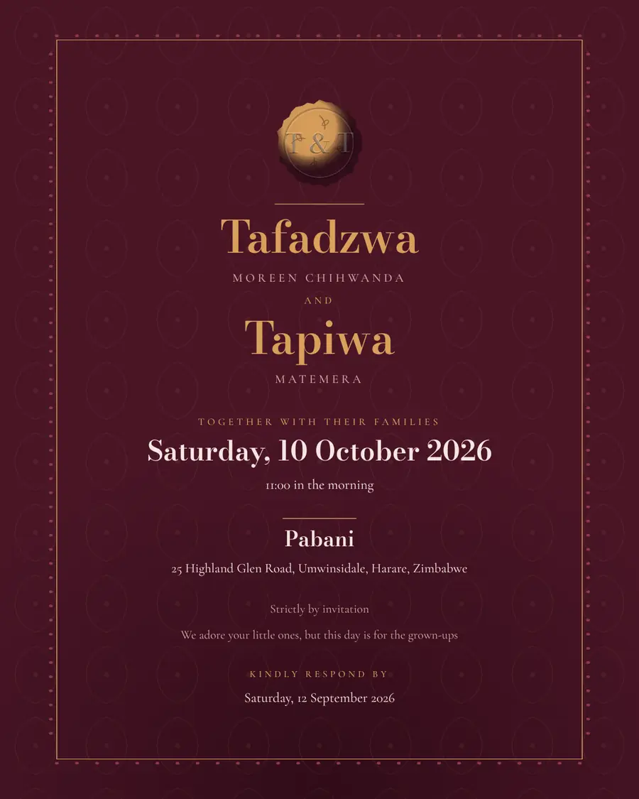 Wedding invitation for Tafadzwa Moreen Chihwanda and Tapiwa Matemera, Saturday, 10 October 2026 at Pabani